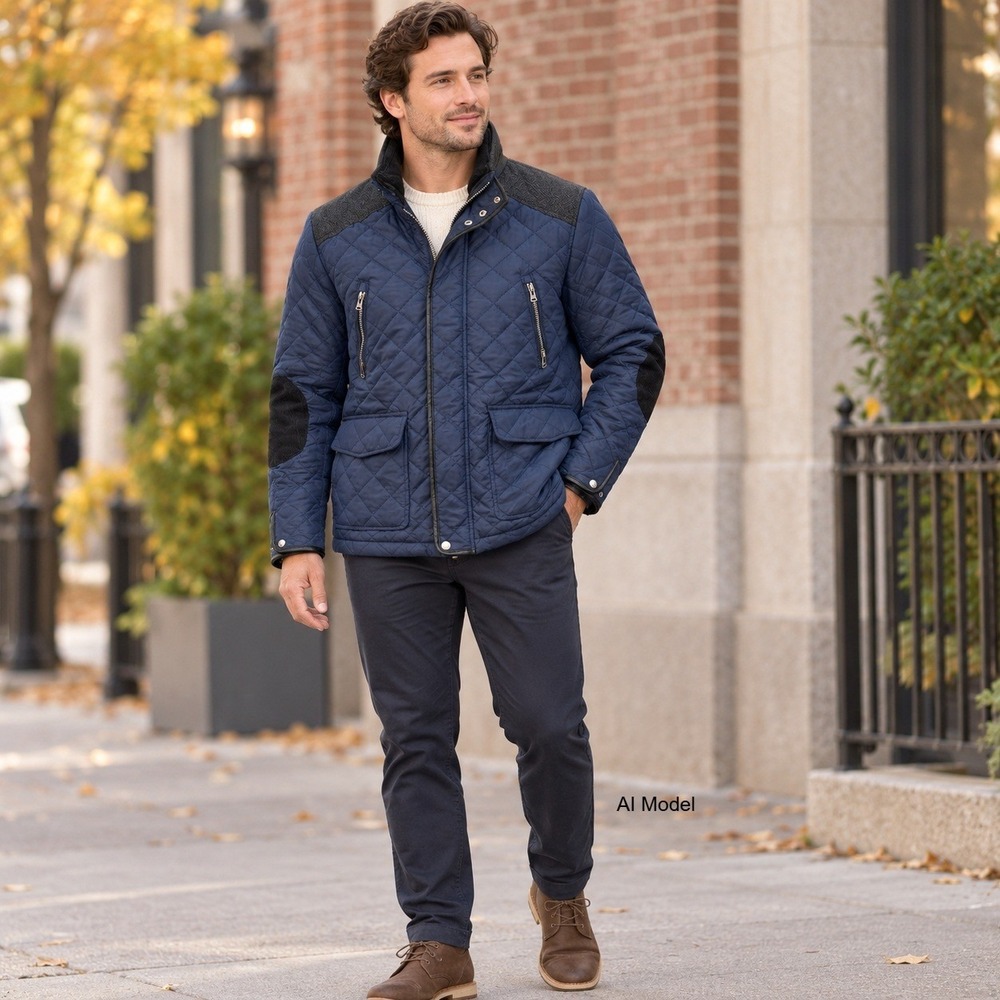 Cole Haan Navy Blue Quilted Barn Jacket Men Medium Wool Trim Elbow Patches
